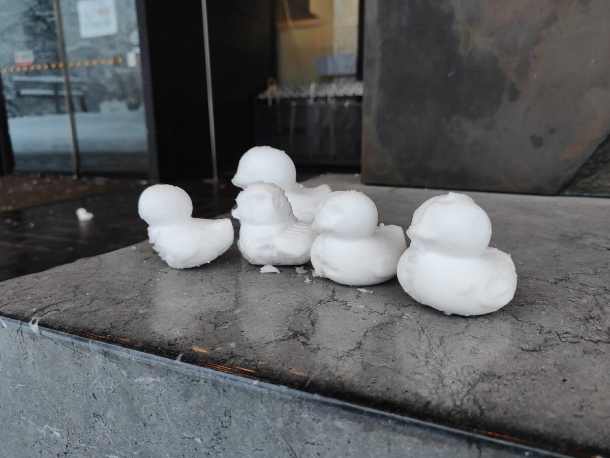北海道立近代美術館入口の台の上にあったアヒルの形の雪玉アップ